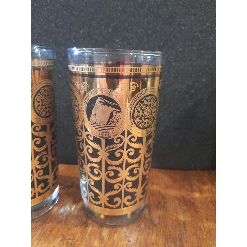 Libbey MCM Black/Gold Highbal Glasses Rock of Gibraltar Prudential 16oz Set Of 2 - Picture 2 of 9